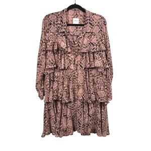 MISA Los Angeles Dress Large Savanna Pink Black Snake Tiered Mini Long Sleeve